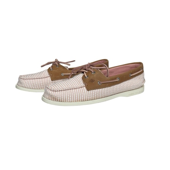 Sperry Shoes - Sperry Top-Sider O 2-Eye Seersucker Print Pink & White Stripe Boat Shoe Size 9